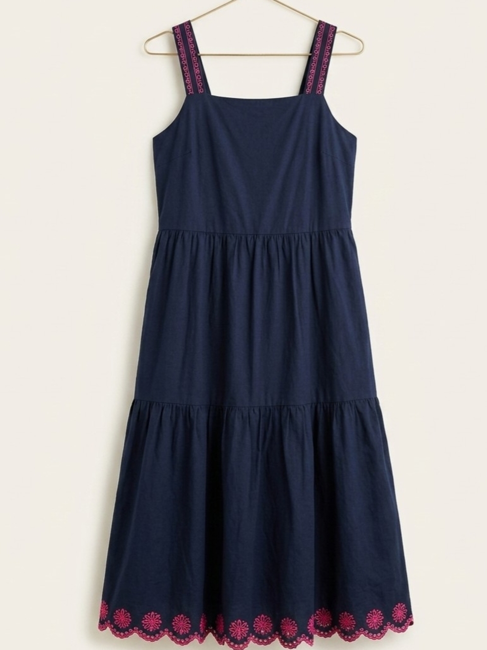 J.Crew Navy & Pink Embroidered Tiered Midi Dress - Size 8